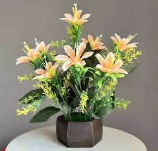 Orange)Flora Planet Artificial Lily Flower Pot with 12 Blooming Stems – 34 cm Height | 8 Color Variants | Decorative Faux Plant for H…