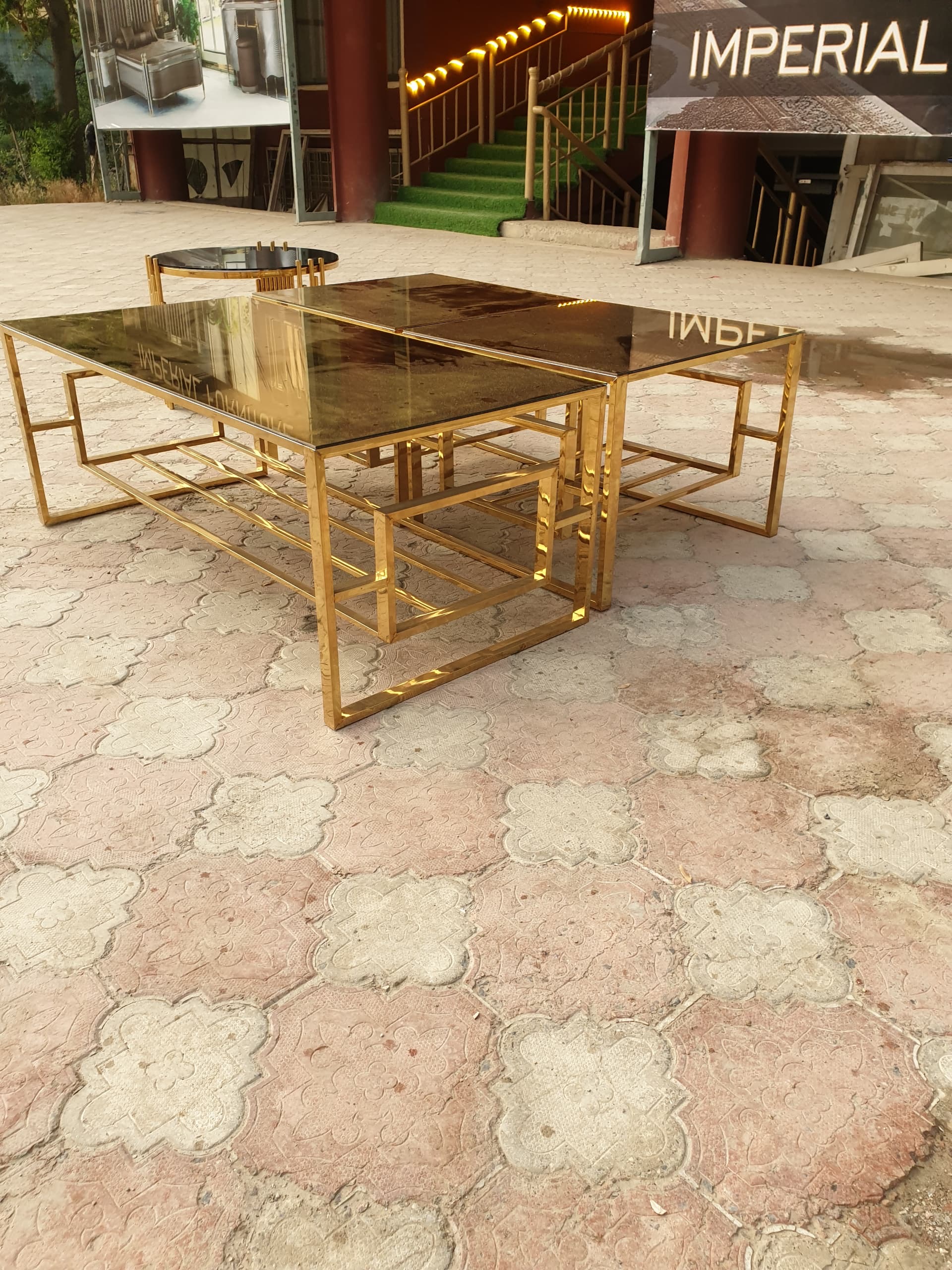 3 Pieces Gold Nesting Tables Square Small Coffee Table Set Blue Grey Tempered Glass Stainless Steel for Living Room
