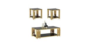 Modern Glass Coffee Table Set of 3, Luxury 2-Tier Black Glass Coffee Table and 2 End Table Set w/Gold Stainless Steel Frame, 3 Piece Living Room Table Set for Apartment Office