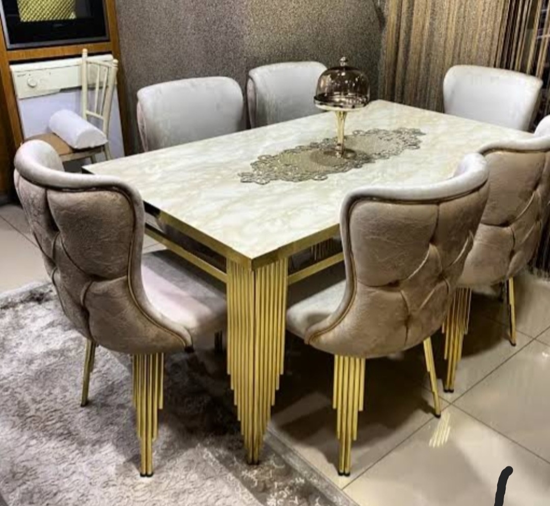 Indiskie Gold Finish Stainless Steel 6 Seater Luxury Italian Fox Marble Dining Table Chairs Room Set