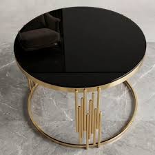Modern Black Mirror Coffee Table, Asymmetrical Metal, Circular Metal Drum Base, Gold Finish & Lower Shelf