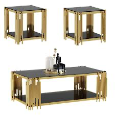 Modern Glass Coffee Table Set of 3, Luxury 2-Tier Black Glass Coffee Table and 2 End Table Set w/Gold Stainless Steel Frame, 3 Piece Living Room Table Set for Apartment Office