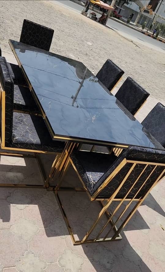 Black Faux Marble Dining Table Gold Base for 8 persons 